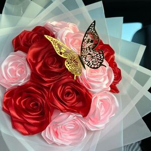 Red and Pink Rose Bouquet with Butterfly Accents